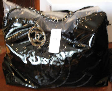 Shiny black patent Chanel tote