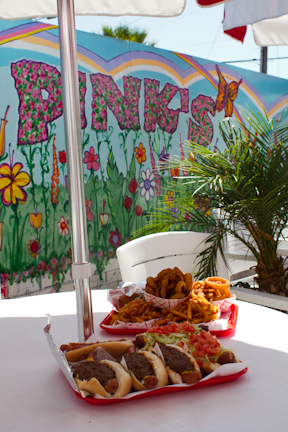 Pinks LA chili dogs and onion rings