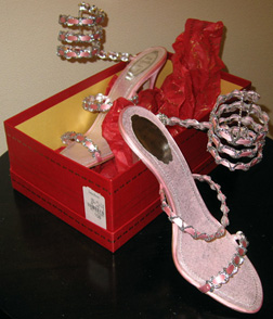 Rene Caovilla pink silk chain wrap slippers