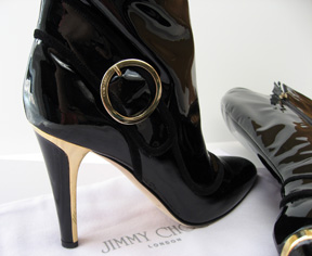 Jimmy Choo black patent boots - gold heel detail