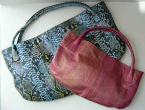 Devi Kroell Roman totes in blue python and pink lizard metallic