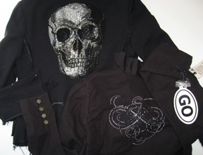 Back of the ruffled Libertine for Target ruffled jacket and Libertine skull jacket from Jeffrey, NY