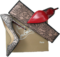 Louboutin's matching lace overlay clutch and stilletos