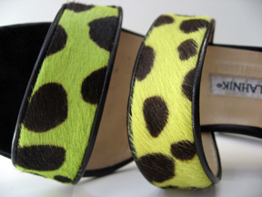 Cheetah print fluorescent Manolo Blahnik pony sandals - closeup