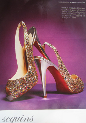 The Louboutin glitter slingbacks feature in a Nieman Marcus ad
