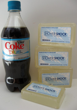 Diet Coke Plus vitamins and minerals and Shower Shock caffeinated soap