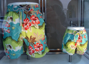 This Hawaiin print with Hibiscus is featured at the Vilebrequin on Worth Ave., Palm Beach